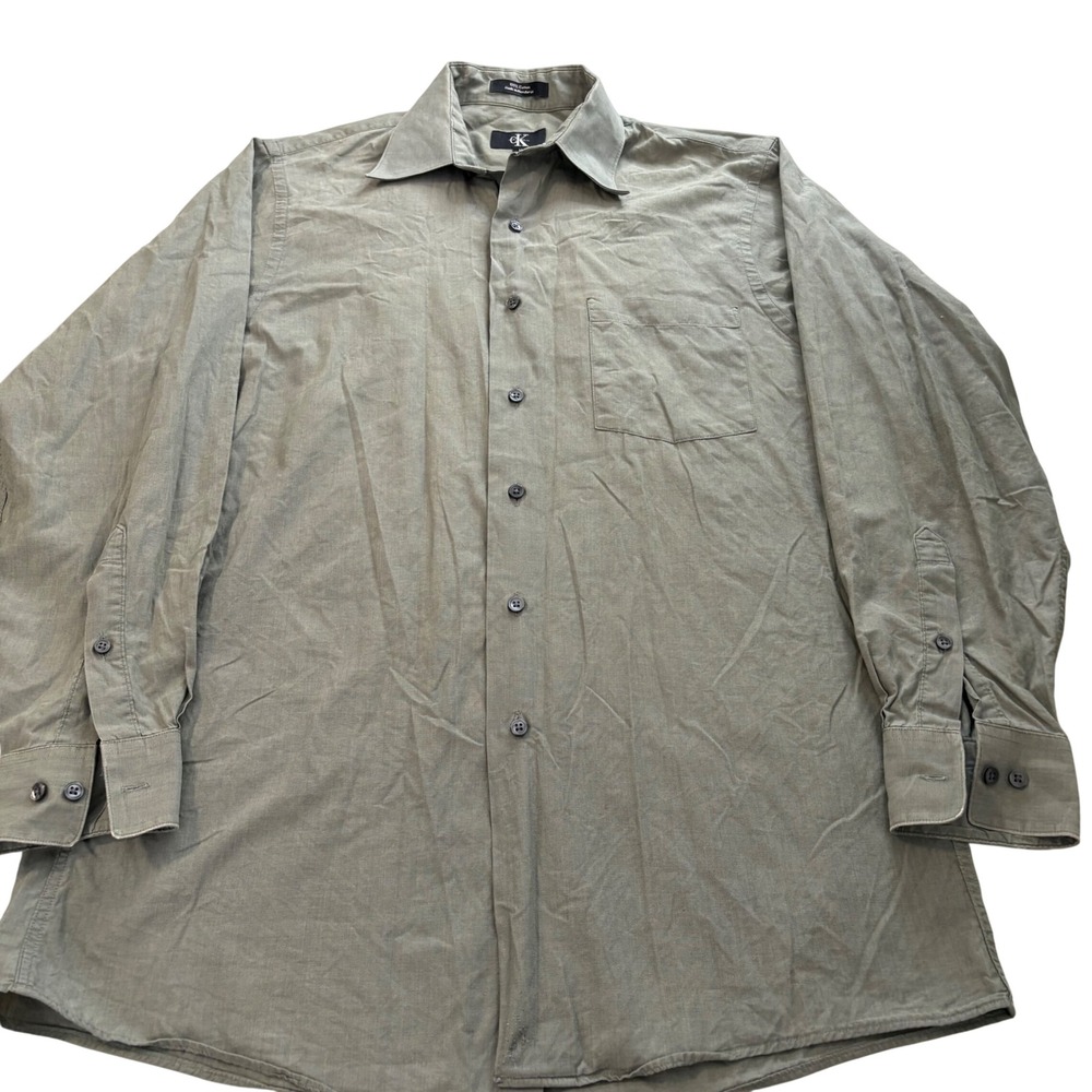 Calvin Klein Mens Olive Green Cotton Long Sleeve Button Down Shirt Sz M 15 32/33